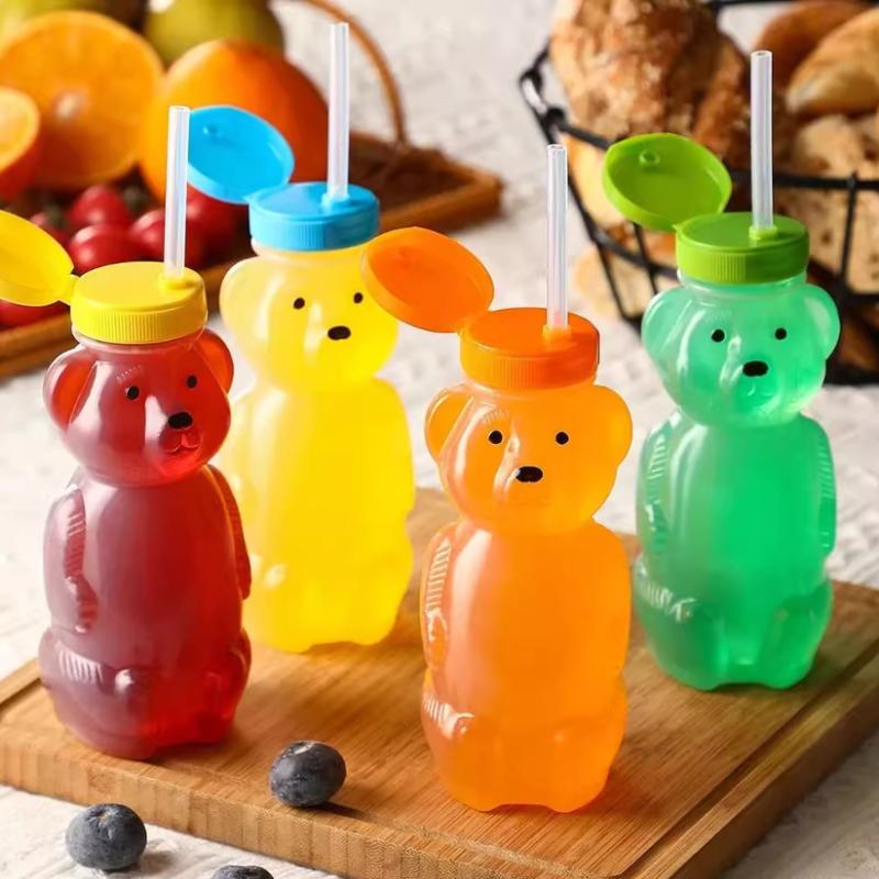 Cute Bear Shaped Bottle Plastic Drink Container Cartoon Honey Bear Straw Cup with Flexible Straws for Milk Juice Honey Storage