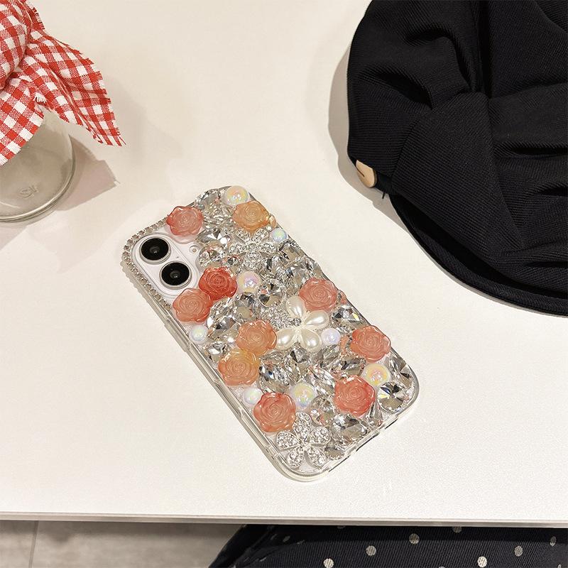 For IPhone17promax Rhinestone Phone Case for Apple 15 Pearl Flower Luxury 14 Rose Flower 13 Hard Case