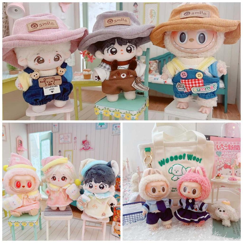 17cm Labubu Clothes Cute Mini Plush Doll's Outfit Accessories Flower Overalls Crawling Clothes for Labubu Dolls Children Gift