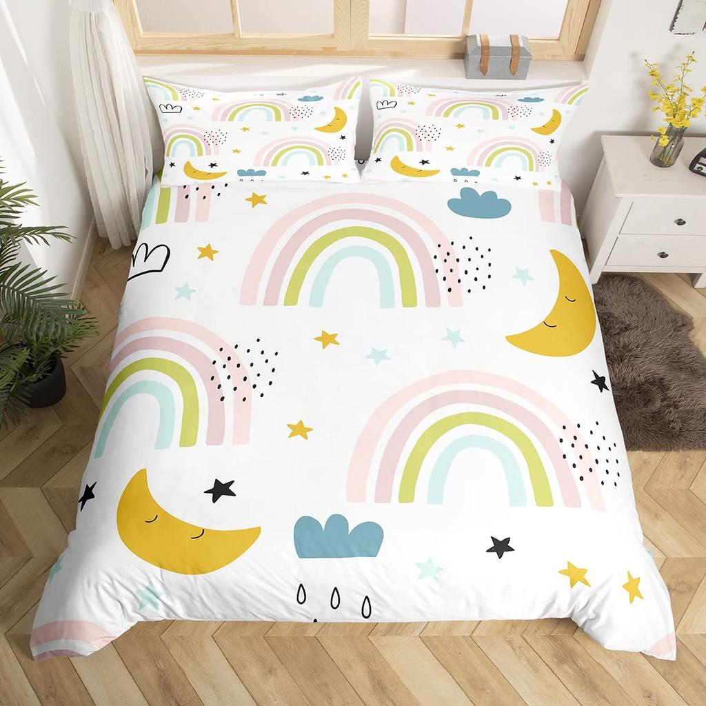 Lovely Rainbow Duvet Cover Sun Crown Cloud Rain Bedding Set Stick Figure Art Comforter Cover Kids Bedroom Polyester Quilt Cover