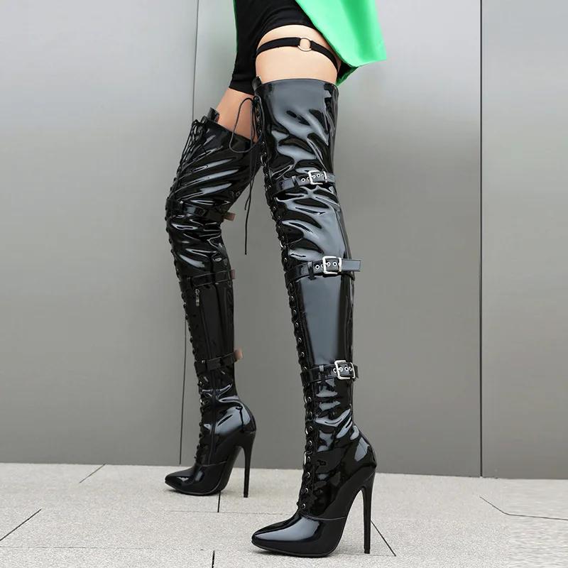 Ботильоны Королева вечеринки ночного клуба Ботфорты Высокие каблуки Женские ботинки Сексуальные Большой размер 46 Тонкие каблуки Обувь