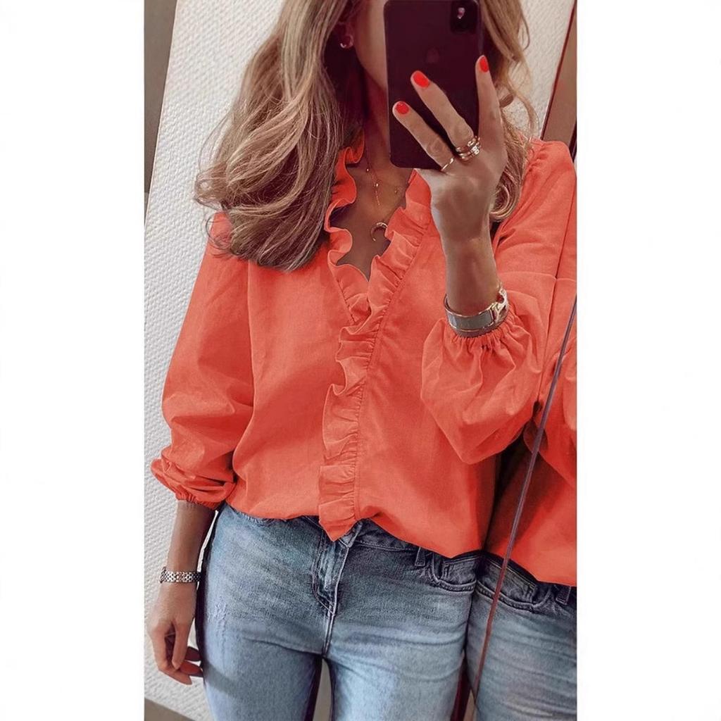 New European American Women's Casual Solid Color Long Sleeve Ruffle V-neck Blouse Top