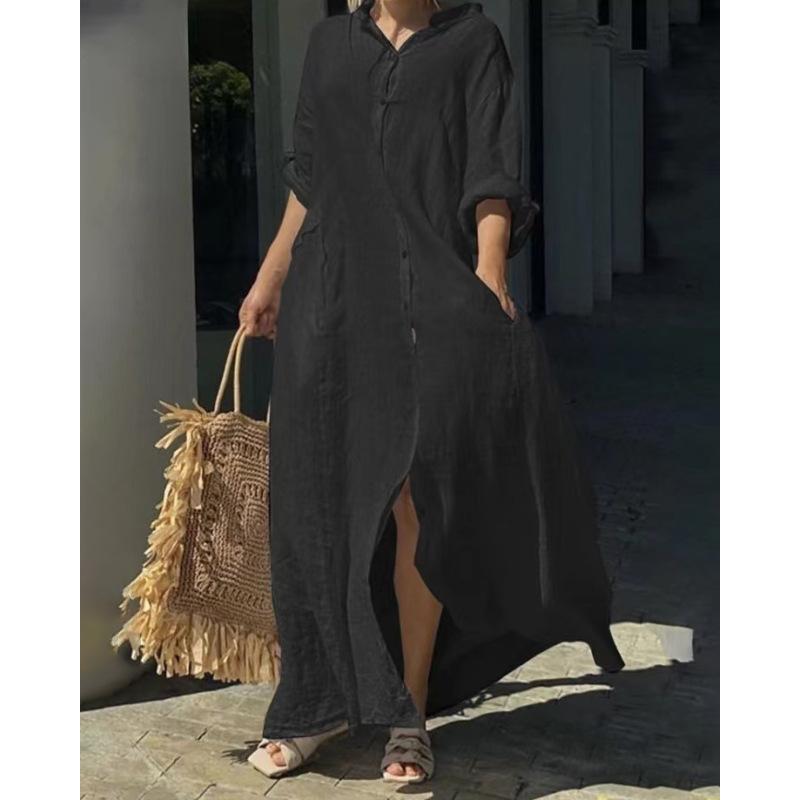 Tooxika 2024 Осень Новое Повседневное Свободное Платье-рубашка Большого Размера Длинный Рукав Платье Из Хлопка И Льна