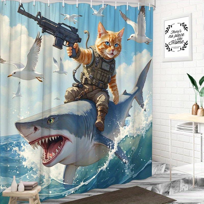 Tactical cat and shark patterns Shower Curtain Washable Dirt-Resistant Shower Head waterproof Polyester Bath Curtain