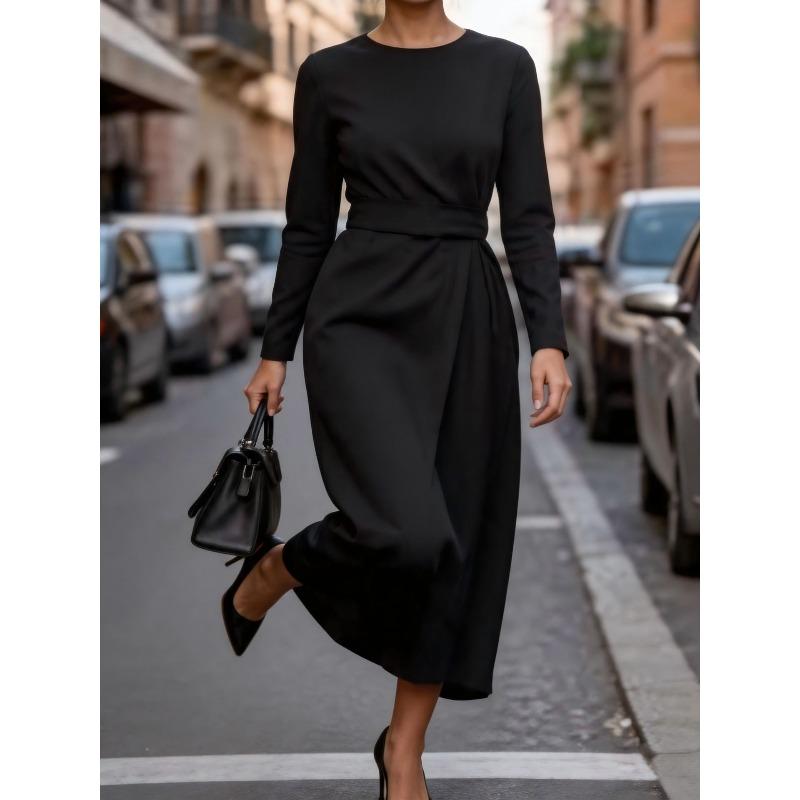 HNXC Women's Fashion Long Sleeve Autumn Winter O-Neck Solid Color Print Casual Dresses Classic Exquisite