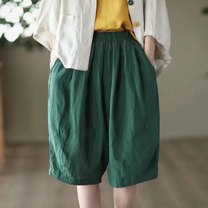 Женские шорты из хлопка и льна с высокой посадкой - Летние повседневные однотонные широкие шорты до колена