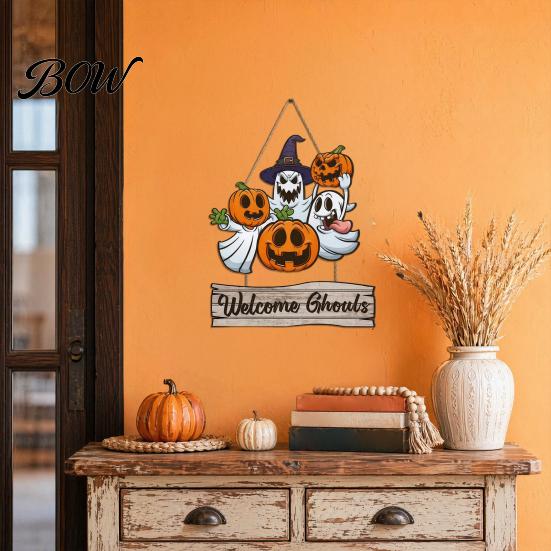 Spooky Door Decoration Happy Halloween Sign for Front Door, Wooden Ghost Pumpkin Hanging Reusable Decor Plaque, Welcome Wreath Tree, Wall, Party