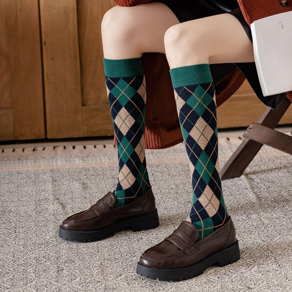 Streetwear Knee High Stockings Plaid British Style Long Socks Unique Stripe Check Socks Lolita