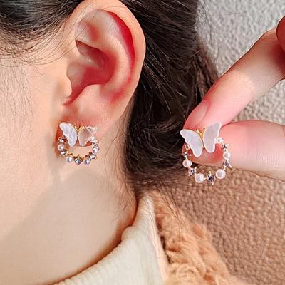 Серьги-гвоздики в форме круглой бабочки, женский дизайн, Sense White Pearl, High Sense Tea Series, нежные серьги
