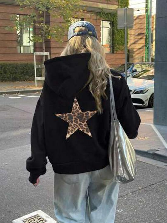 Худи EZwear с леопардовым и звездным принтом - Европейский/Американский уличный стиль
