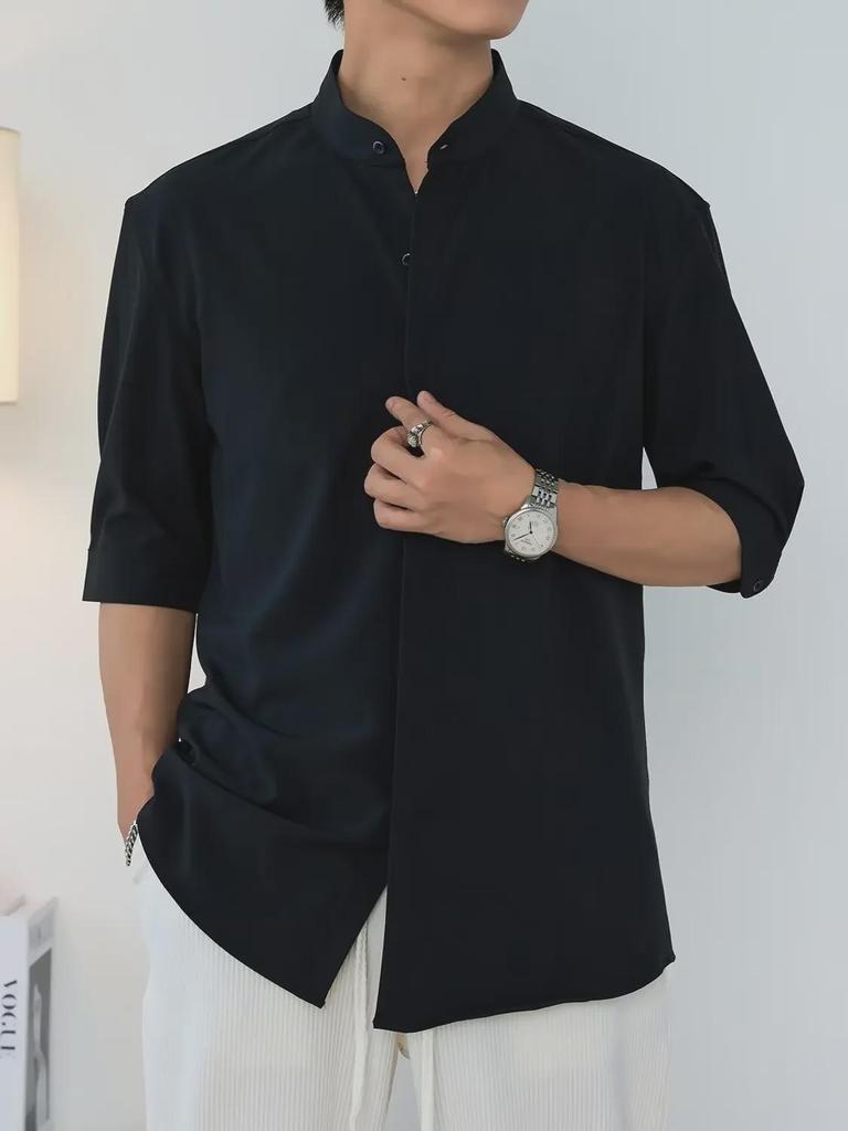 Мужская рубашка с коротким рукавом из шелка Ice Silk — летний воротник-стойка, модный китайский стиль, приталенный крой, бесплатная глажка.