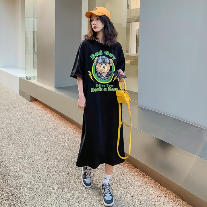 Женское повседневное платье-футболка, свободное корейское платье с коротким рукавом и мультяшным принтом для сна