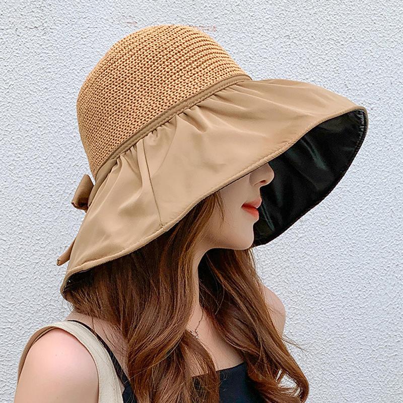 Summer New Women'S Bucket Hat, Uv Protection Sun Hat Solid Color Wide Brim, Foldable Beach Outdoor Ponytail Cap