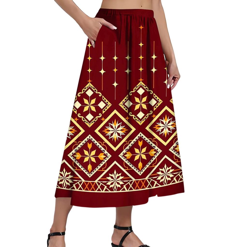 Ladies Casual Fashion Printed Skirt Elasticated Loose Pocket Pleated Half-body Skirt (With Side Pocket)