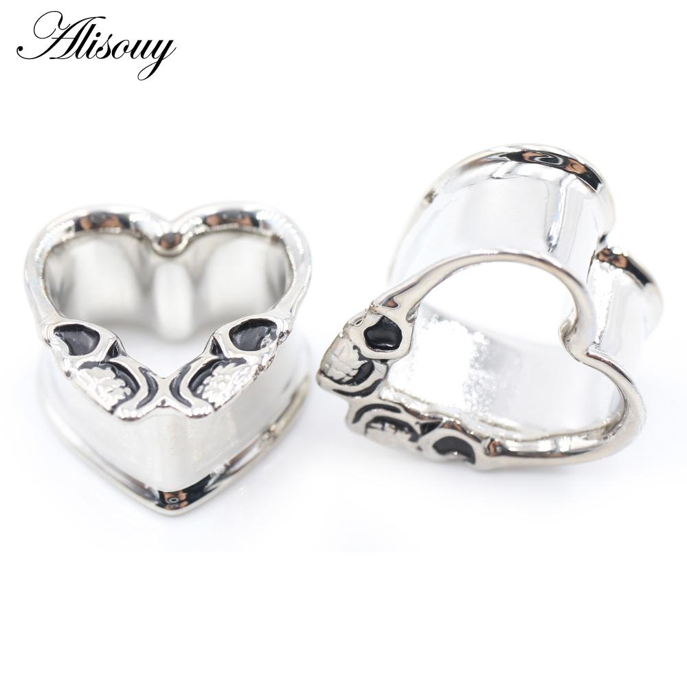 Alisouy 1PC Нержавеющая сталь Сердце Череп Глаз Красный циркон Ушные туннели Пробка Расширитель Растяжитель Измерители Серьги Пирсинг Украшения для тела