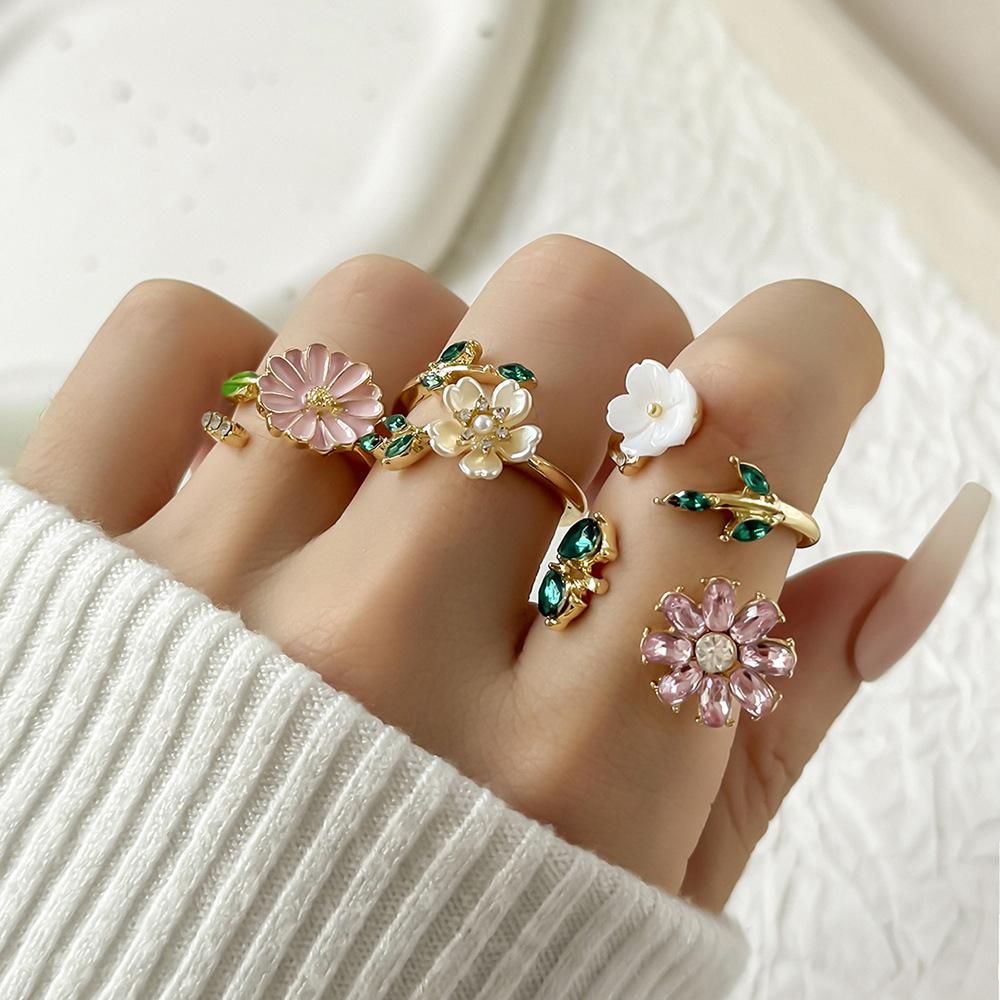 ins Multi-element imitation pearl rose flower star open ring Rhinestone Butterfly Flower Stackable Ring4Set