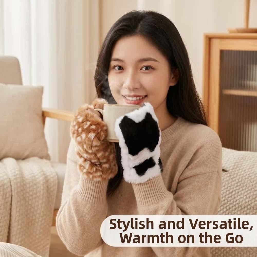 Thickened Half Finger Mittens Fleece Lined Plush Wrist Sleeve Fingerless Furry Gloves Ladies