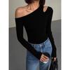Black Off-Shoulder Long Sleeve Knitted T-Shirt Women's Slim Design Bottom Shirt Top