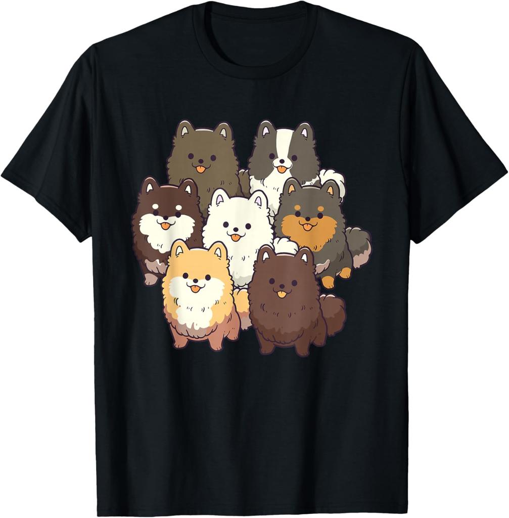 Cute Pomeranian Dog Group Cartoon Print Casual Cotton T-Shirt for Men Trip