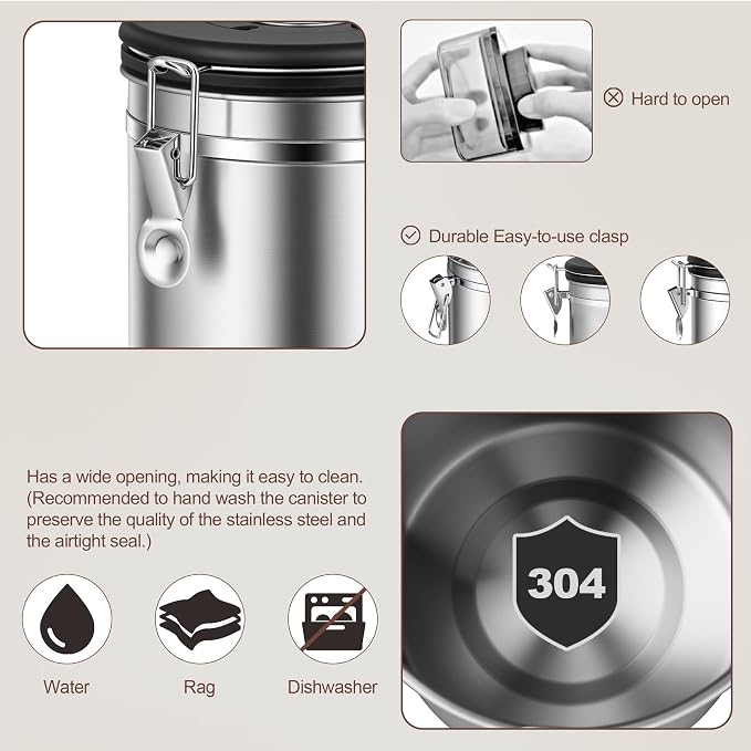 Airtight Coffee Container, Stainless Steel Coffee Bean Storage Canister with Measuring Scoop