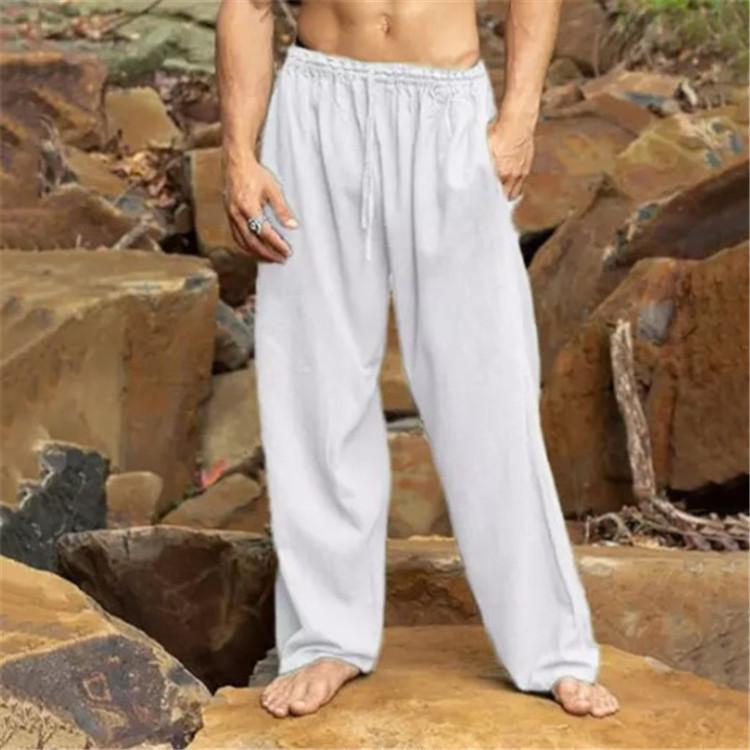 Модные мужские новые однотонные свободные повседневные брюки из хлопка и льна на кулиске