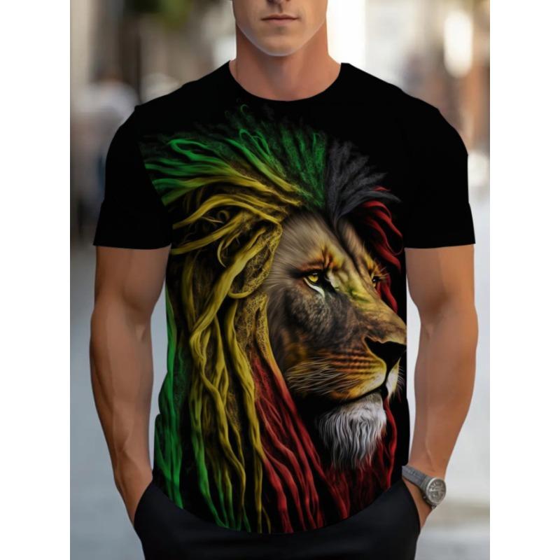 Men's Reggae Lion 3D Printed T-Shirt Casual Short Sleeve Crewneck Top Colorful Rasta Animal King Graphic Tee Hip Hop Style Streetwear Fashion Apparel