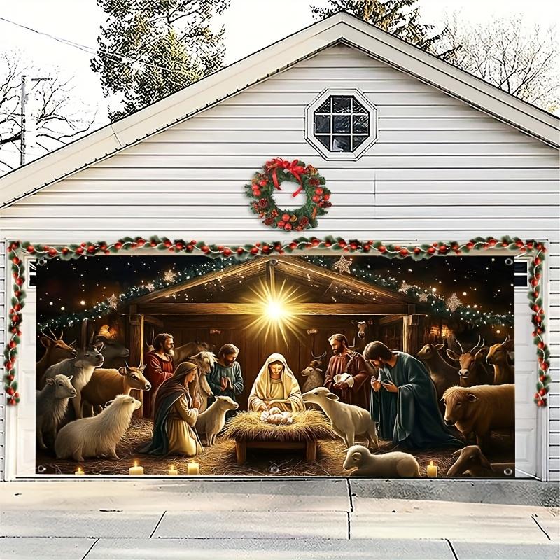 A large Christmas Nativity scene garage door - designed with festive starlight sky and angel's light made of polyester