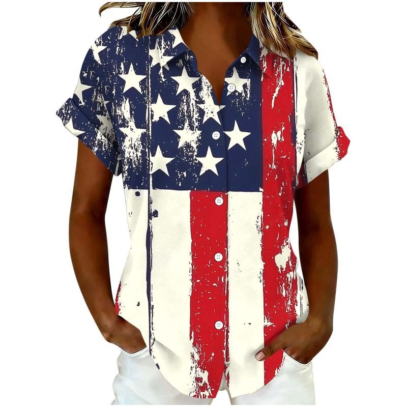 Womens Loose Fit Short Sleeve Printed Shirt Casual Vacation Style Collared Open Front Top