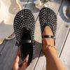 Fashion Women Sandals Luxury Crystal Rhinestone Fishnet Ballet Flat Sandals Woman Brand Designer Rivet Studs Mesh Mary Jane Shoes Ladies