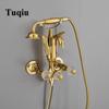 Tuqiu Bathtub and Shower Faucet Set Wall Mounted Gold Swan Bathtub Faucet, Bathroom Cold and Hot Bath and Shower Mixer Tap Brass