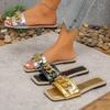Мода Мода Золотая Цепь Декор Женские Шлепанцы Лето Квадратный Носок Плоские Сандалии Женские Удобные Нескользящие Пляжные Слайды Вьетнамки