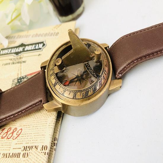 Морские латунные солнечные часы, кожаный ремешок, штампованный наручный компас для навигации, наручные часы, кожаный ремешок, коллекционный подарок