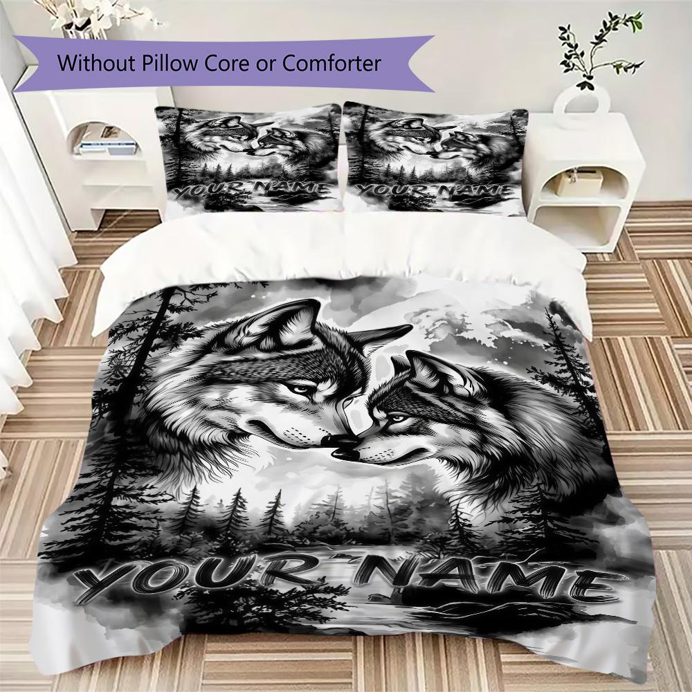 Custom Name Wolf Pair Forest Bedding,Quilt Set Quilt Cover Pillowcase Home Birthday Gift(1 * duvet cover + 2 * pillowcase, without core)_lx
