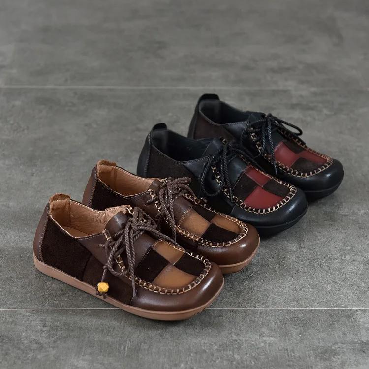 Johnature Туфли-балетки из натуральной кожи контрастного цвета с квадратным носком, прошитые, на шнуровке, на мягкой подошве, женские