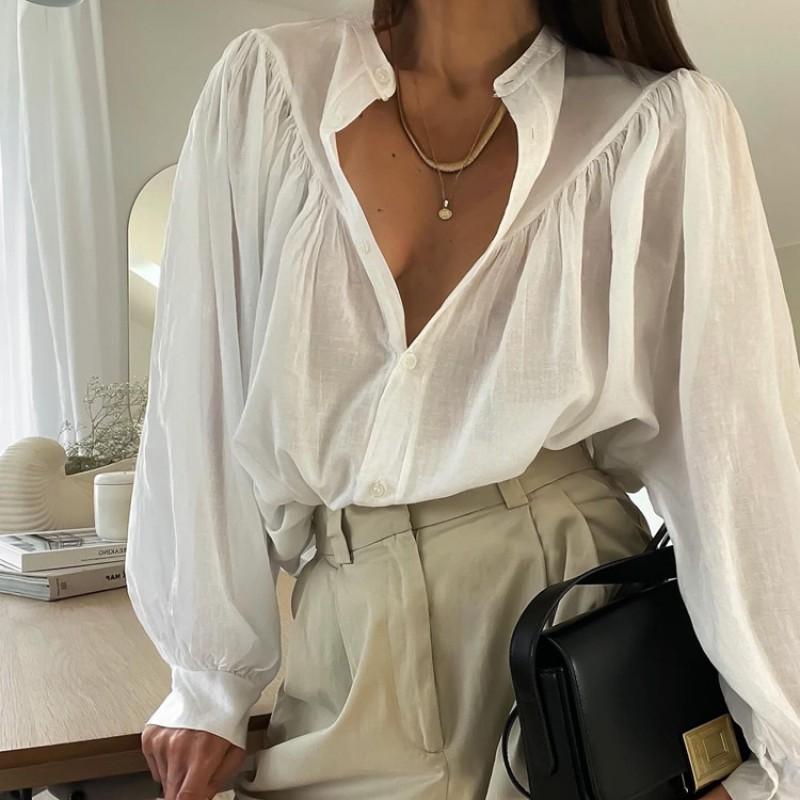 Womens Casual Fashion White Shirt Stand Collar Long Sleeve Versatile Button Up Blouse
