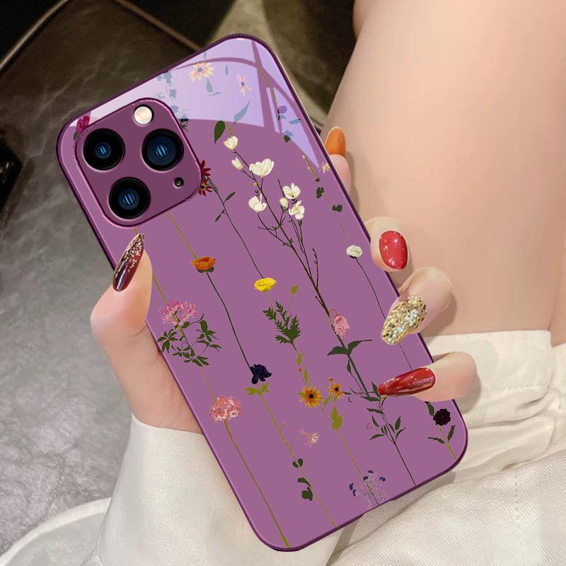 Зеленый чехол из закаленного стекла для телефона для iPhone 15 Pro 14 13 12 Mini 11 XS Max XR 7 8 Plu SE 2020 2022 Весенняя легкая лоза мелкий цветок