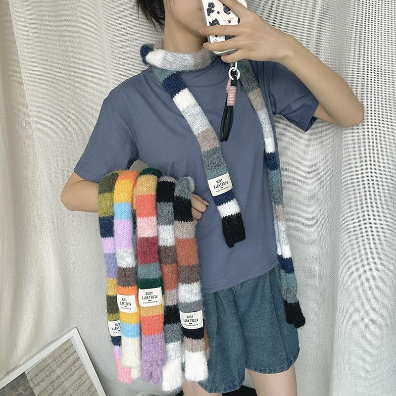 Шарф Luochi Knitwear Осень/Зима, Мохеровый, Цветные Блоки, Полоска - Унисекс, Стиль Y2K 'Сладкая и Пряная Девушка'