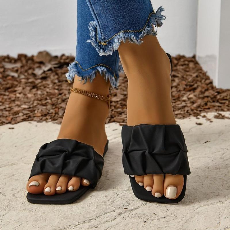 Летние тапочки для женщин, шлепанцы, балетки, 2024, новые плиссированные корейские тапочки, женские сандалии, зеленые туфли без застежек, большой размер 35-43