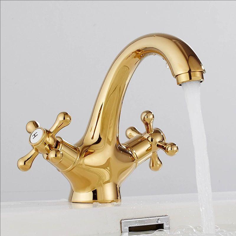 Dual Handles Antique Basin Faucet Hot and Cold Water Crane Bronze Sink Faucet Bathroom Vintage Mixers Taps Gold