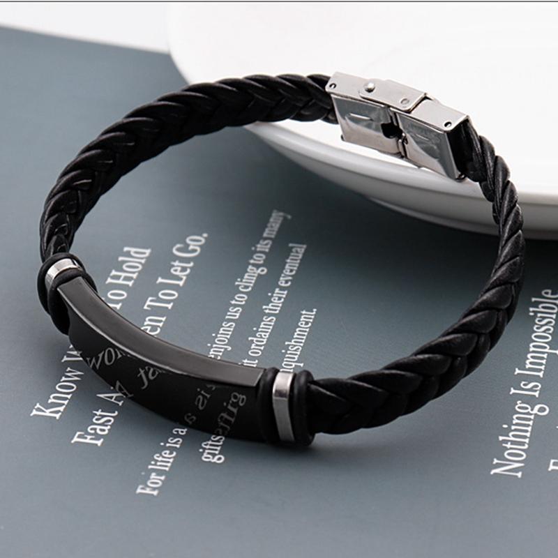 2022 Trendy Men Leatherwear Weave Bracelet Leisure Color Contrast Stainless Steel ID Bar Customize Engraving