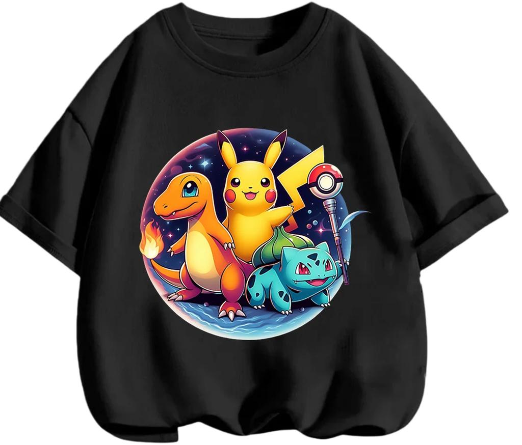 Everyday Casual Short Sleeve T Shirt Pikachu Trendy Cartoon Print Lightweight Outdoor Wear Children 3 To 14 Years Old