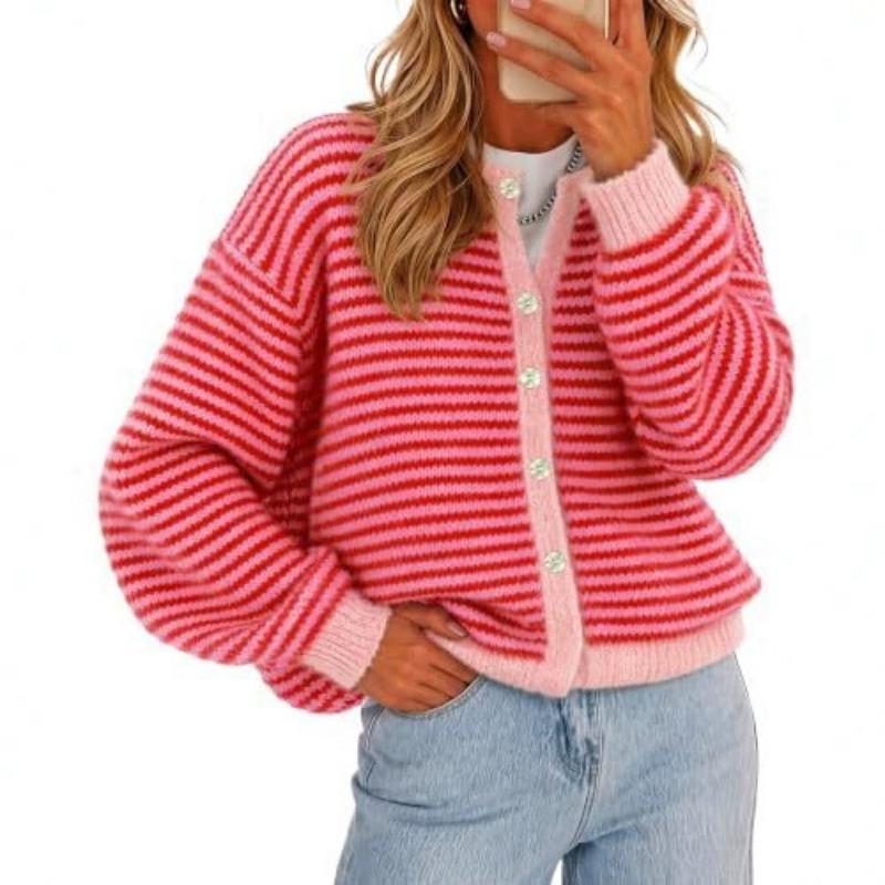 Women S Striped Knit Cardigan Round Neck Casual Sweater Coat