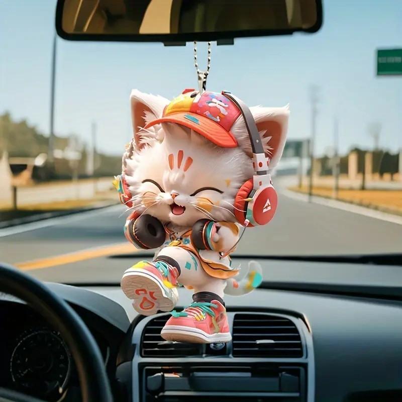 Cute Listening To Music Colorful Cat Pattern, Acrylic Pendant For Fun Vehicle Accessory