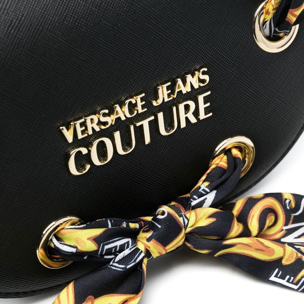 Versace Jeans Couture Logo Print Scarf Tie Flap Leather Saddle Bag Women Shoulder Bag Black 74VA4BAB-ZS467-899