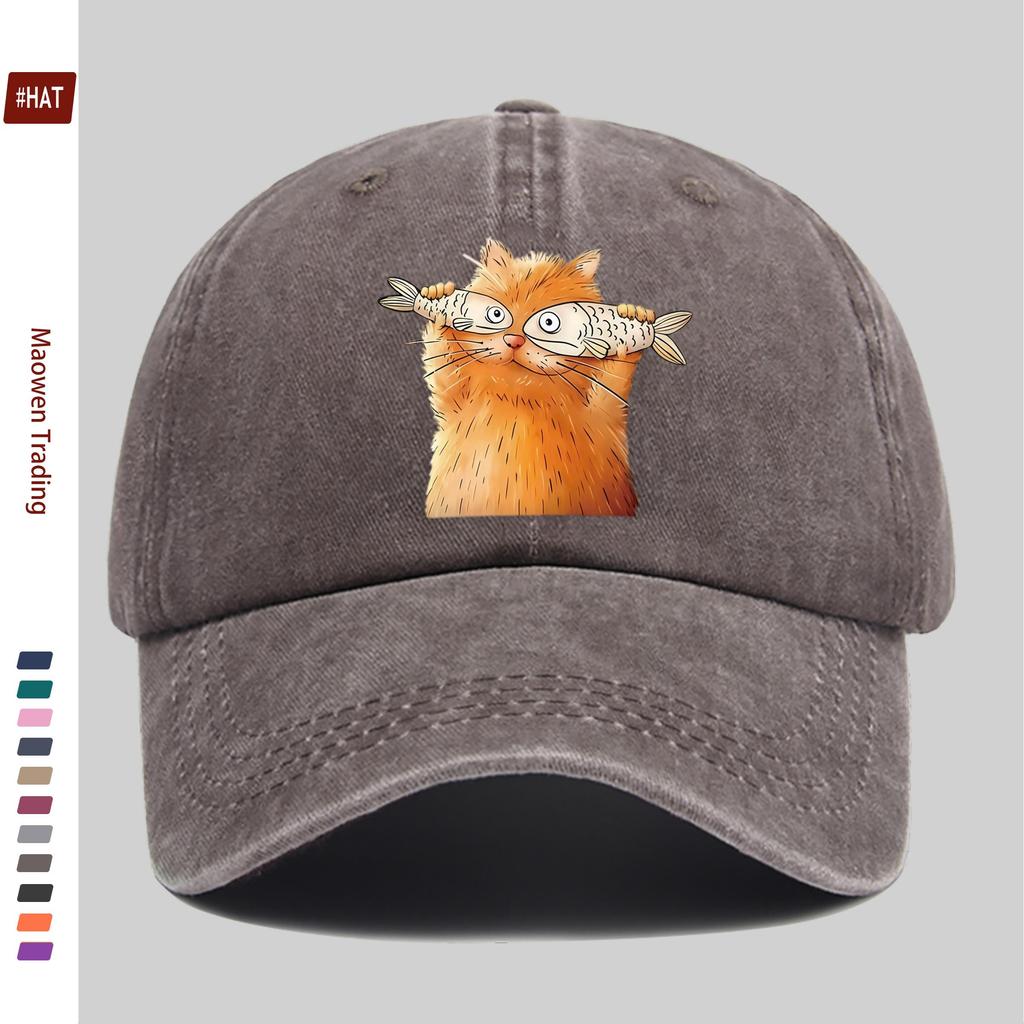 pc Unisex Playful Cat and Fish Pattern Print Baseball Cap Ideal Decorative Hat for Pet Lovers Multiple Colors Available Comf