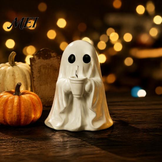 Whimsical Ghost Figurines for Halloween Cute Figurine, Resin Tabletop Ornament with Black Cat And Decorative Figures Shelves Coffee Cup Decor