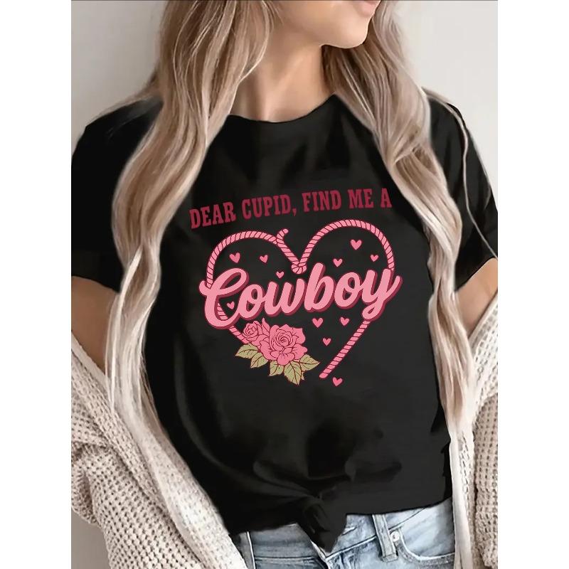 Olyester Short Sleeve T-Shirt Dear Cupid, Find Me a Cowboy Heart Design for Valentine's Day, Casual Wear, Lightweight and Comfortable