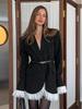 Женская элегантная черная жакет-костюм с V-образным вырезом и кружевной отделкой, Осень 2025