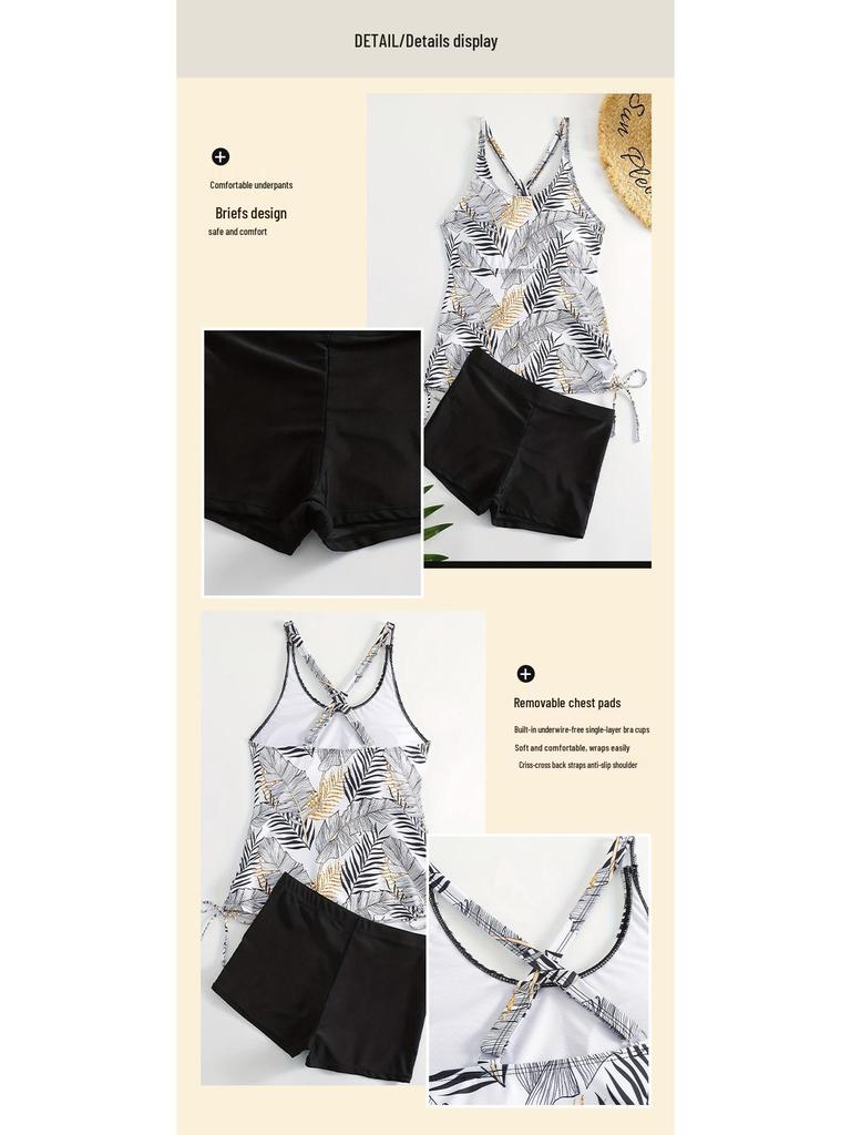 Women's Tropical Print Two-Piece Tankini Swimsuit: Conservative Slimming Design with Flat Leg Style