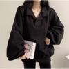Women Polo Collar Loose Long Sleeve Casual Solid Sweatshirt Top Outerwear